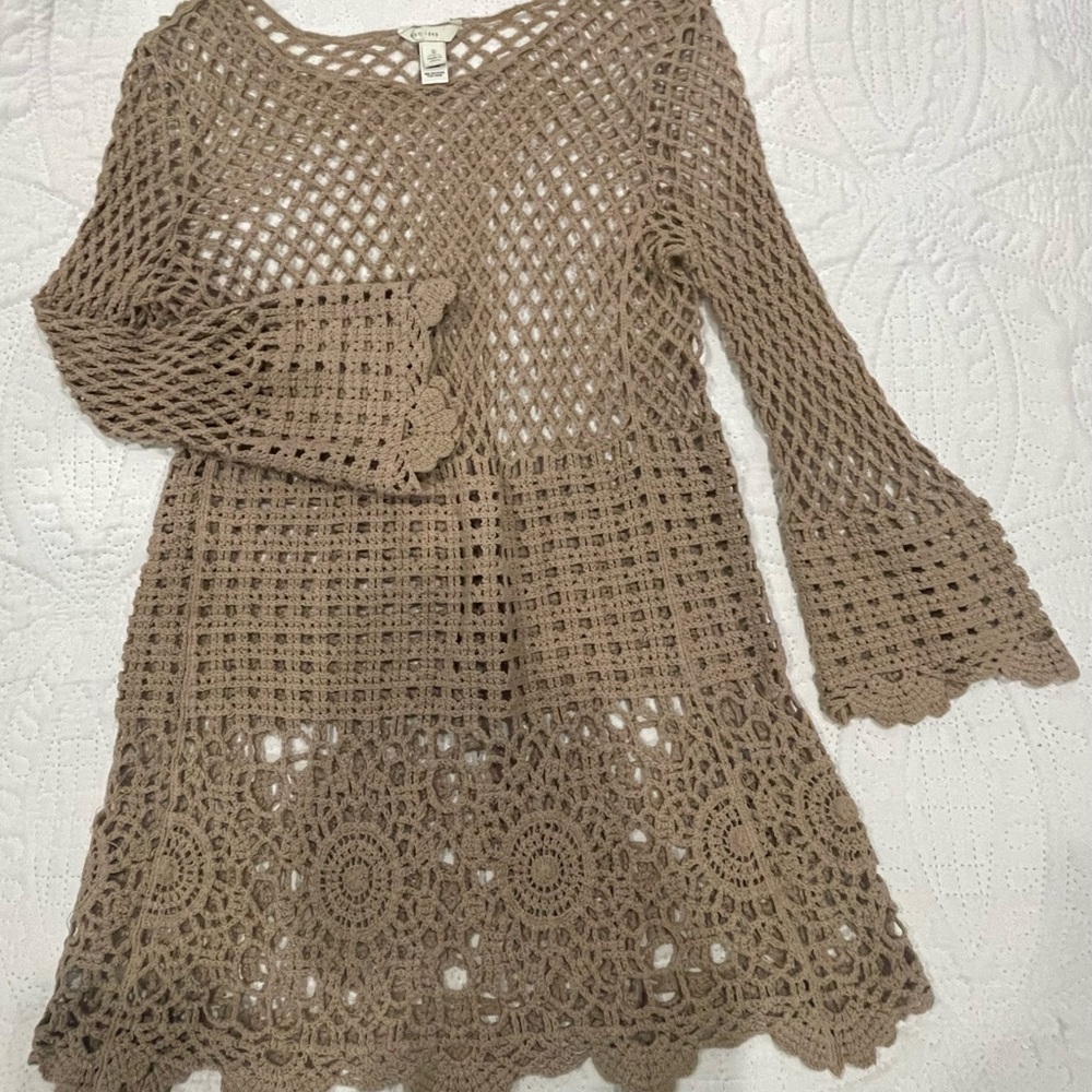 Boho Crochet Tunic Top EST. 1946 Open Knit Bell Sleeve Size S